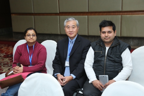 Dolly Khanna (Left) and Shobhit Tandon (Right) with Fanmin Guo, (Middle) Vice President, Psychometric Research in The Graduate Management Admission Council® (GMAC) the examination body of GMAT and NMAT exams.